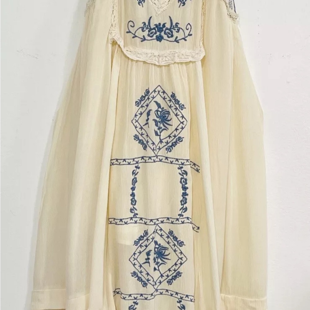 Free People Cottagecore Cream Dress with Blue Embroidery